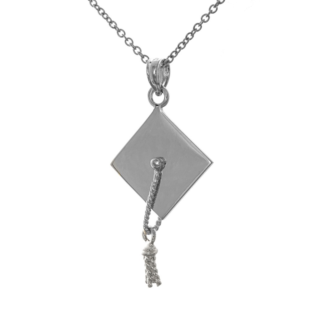 925 Sterling Silver Graduation Cap Necklace Charm Pendant, 3-D, polished Gifts